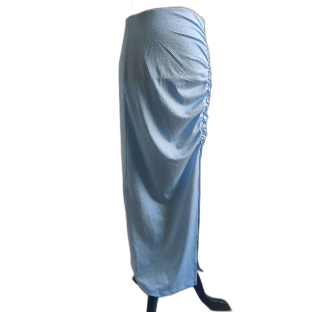 🆕 NA-KD Sky Blue Ruched Jersey Slit feminine long Maxi Skirt spring_Medium